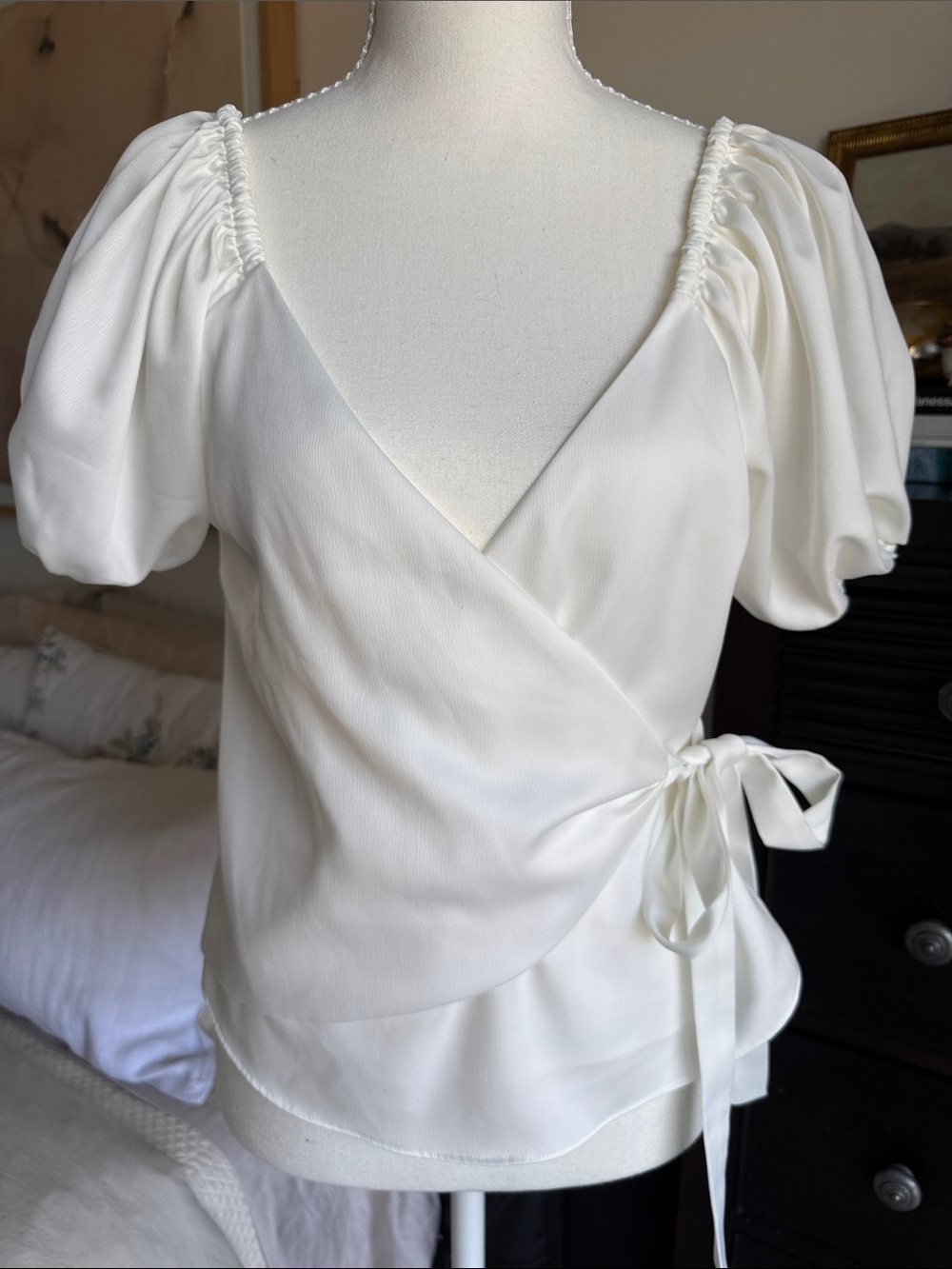 Wayf Ivory Wrap Puff-Sleeve Blouse